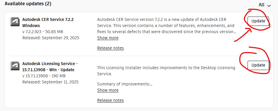 לשונית Updates ב-Autodesk Access
